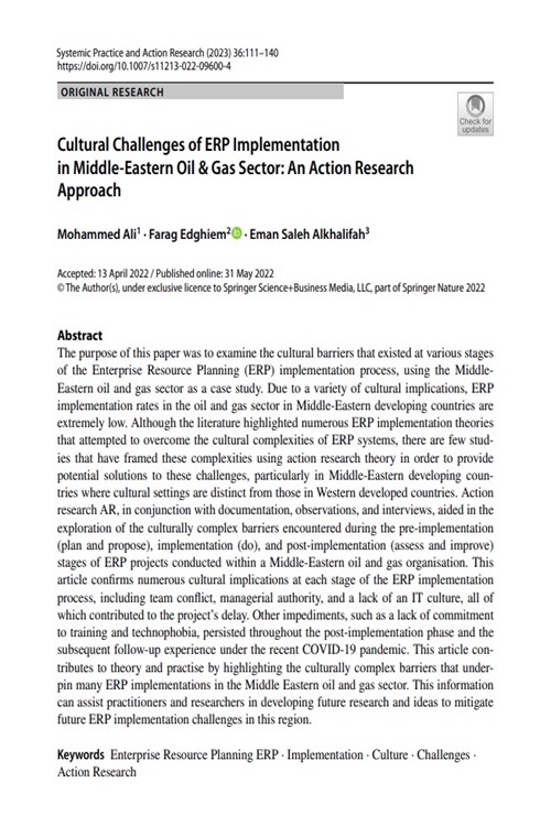 Cultural Challenges of ERP Implementation in Middle-Eastern Oil and Gas Sector: An Action Research Approach