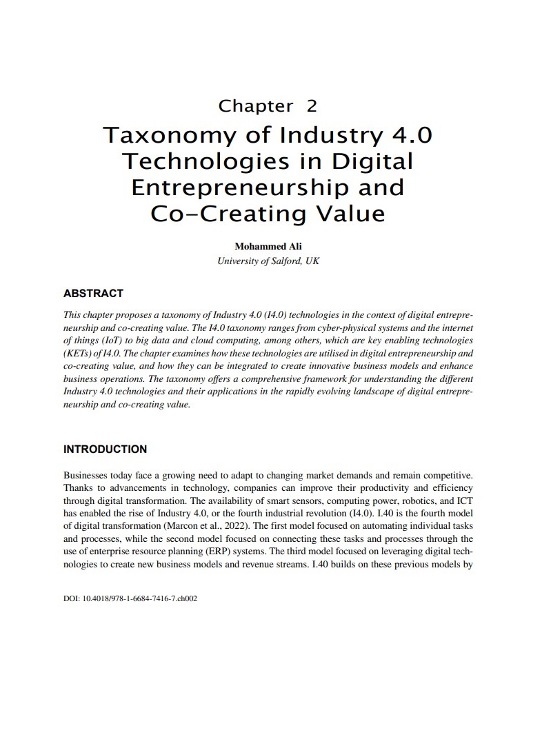 Taxonomy of Industry 4.0 Technologies in Digital Entrepreneurship and Co-Creating Value